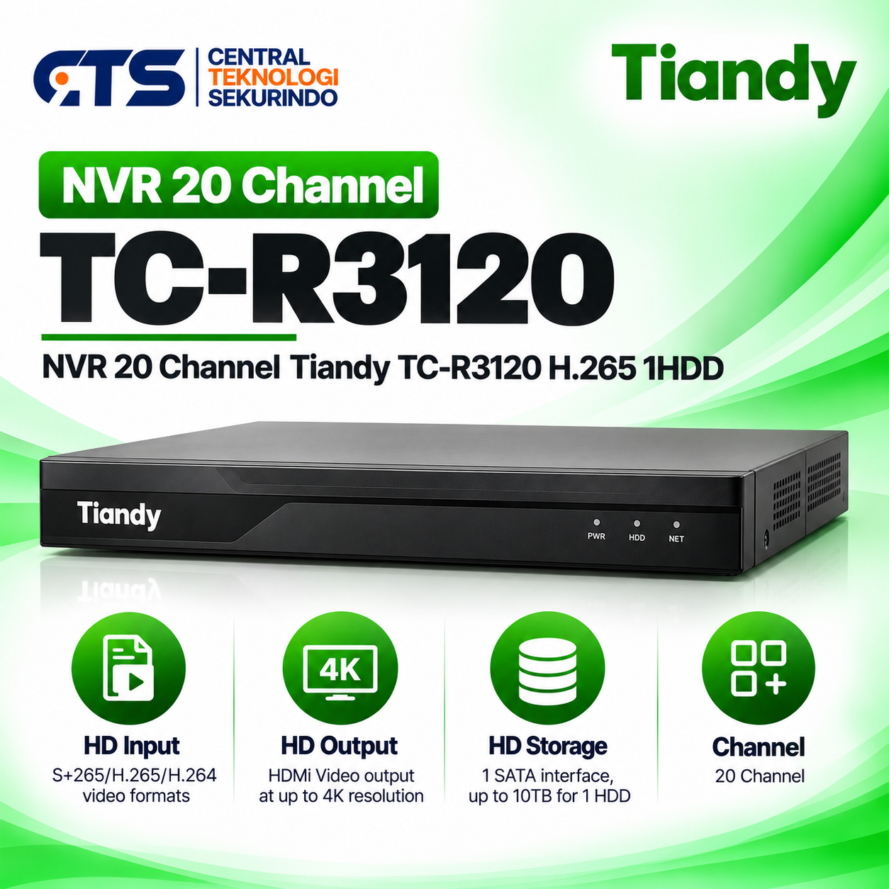 NVR 20 Channel Tiandy TC-R3120 H.265 1HDD